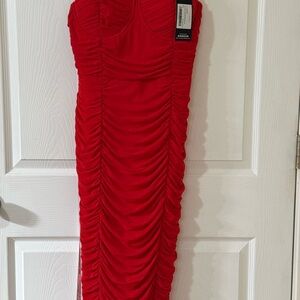 Club L London Striking Red Ruched Midi Dress